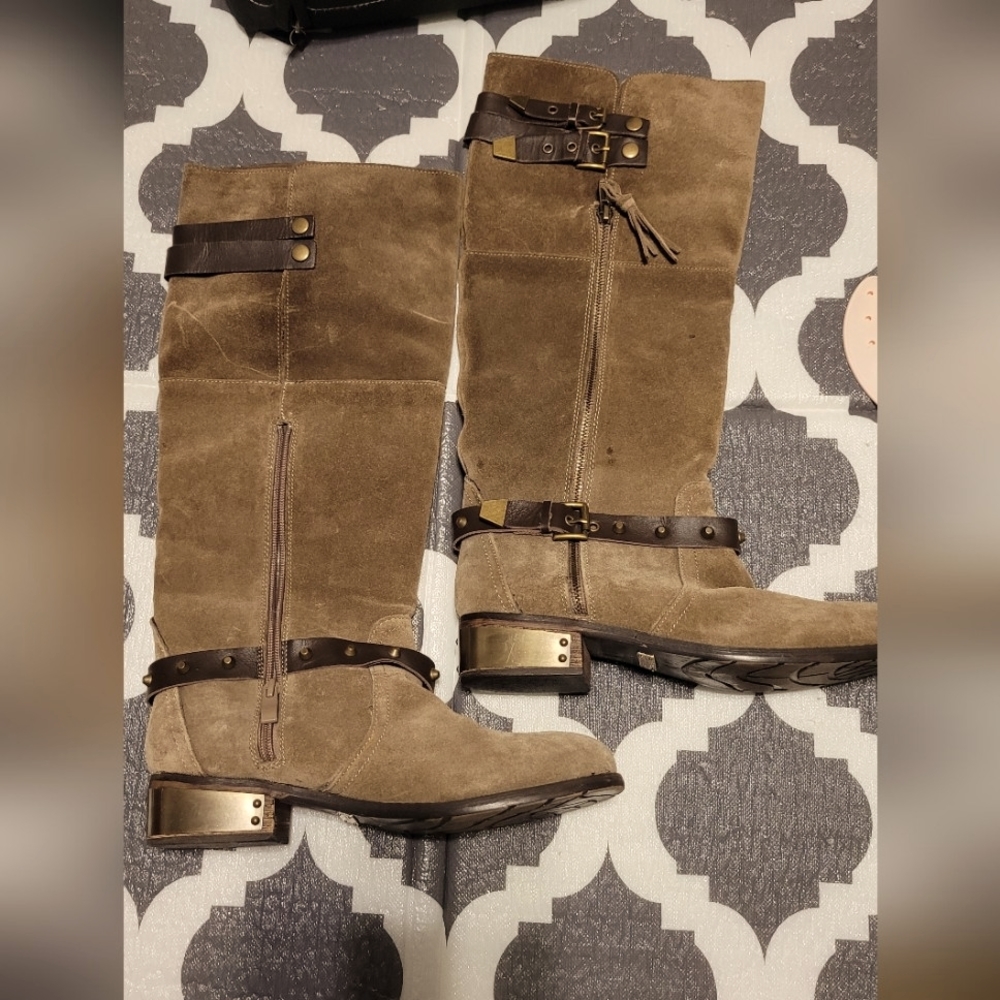 Very Volatile Suede Emperor Brown Gold Plated Knee High Zip Riding Boots